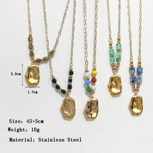 French style gold irregular pebble pendant necklace with mixed beads and paperclip chain