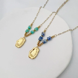 French style gold pebble necklace with natural turquoise and blue gemstone beads