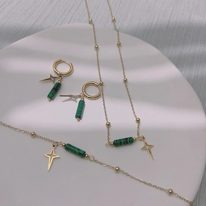 Stainless Steel Necklace Bracelet And Hoop Earrings Jewelry For Women With Star Pendant Green Malachite Beads Gold Plated
