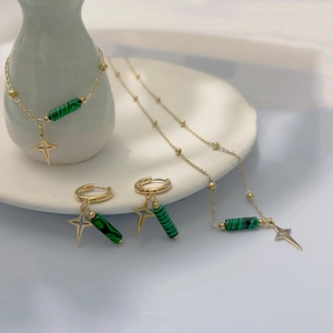 Titanium steel jewelry set with green malachite beads and 18K gold star pendants