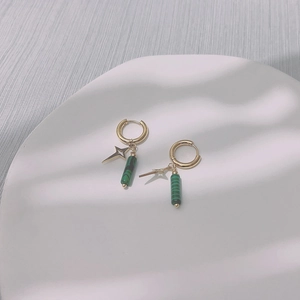 Titanium steel gold hoop earrings with star pendant and green malachite bead charms