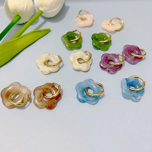 Boucles D'oreilles Créoles Fleurs En Résine Pour Femmes Acier Inoxydable Texture Lavis À L'encre Bijoux
