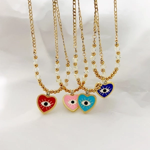 Collier Pendentif Cœur Mauvais Œil Acier Inoxydable Plaqué Or 18K Émail Zircon Cristal Perles Mode Boho Bijoux Femmes