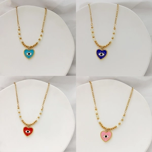 Colliers cœur œil maléfique plaqués or 18 carats en bleu clair, bleu foncé, rouge et rose