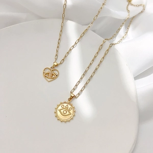 Collana Pendente Malocchio Acciaio Inossidabile Placcato Oro 18K Cuore Rilievo Moneta Catena Graffetta Gioielli Retro