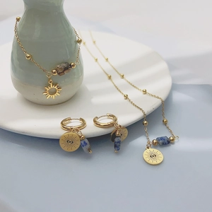 18K Gold Plated Stainless Steel Evil Eye Sun Pattern Natural Stone Necklace Bracelet Earrings For Women Bohemian Jewelry