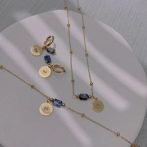 18K gold plated evil eye jewelry set with blue natural stones and sun ray necklace charms