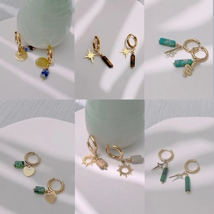 Créoles vintage en acier inoxydable doré avec pendentifs turquoise et étoile solaire