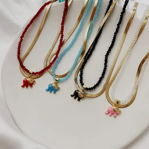 Layered Necklace Elephant Pendant Stainless Steel Gold Snake Chain Colored Beaded Enamel Rhinestone Lucky Jewelry Women