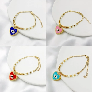 Bracelet Cœur Œil Du Mal Acier Inoxydable Et Cuivre Plaqué Or Émail Charme Chaîne Mixte Bijoux Mode Bohème Pour Femmes