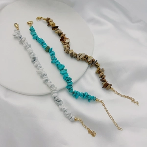 Three natural irregular turquoise and gemstone bracelets with 18K gold plated clasps