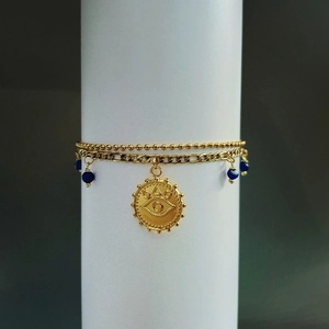 Double Layer Evil Eye Bracelet Stainless Steel 18K Gold Plated With Blue Beads Coin Pendant Fashion Ethnic Women Gift