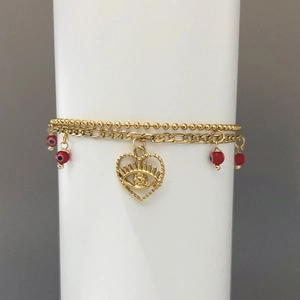 Vintage Double Layer Stainless Steel Bracelet With Gold Plating Heart Evil Eye Pendant And Red Beads Bohemian Jewelry Women