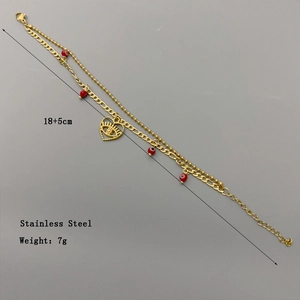 Gold stainless steel multi-layer beaded bracelet with red beads and evil eye heart pendant