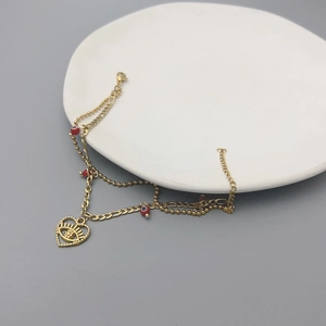 Vintage gold layered heart evil eye bracelet with stainless steel beads and red accents