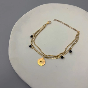 Bracciale a doppio strato malocchio dorato con perline blu e ciondolo a moneta incisa