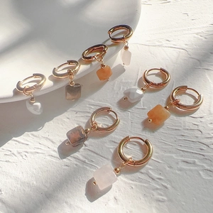 Edelstahl Naturstein Quadratischer Anhänger Creolen 18K Vergoldet Geometrischer Modeschmuck Für Damen