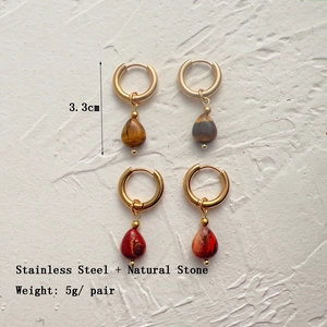 Vintage 18k gold plated stainless steel teardrop earrings with tiger eye and agate stones