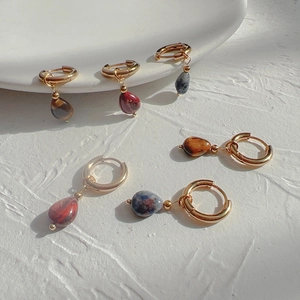Vintage Water Drop Natural Stone Hoop Dangle Earrings Stainless Steel 18K Gold Plated Agate Tiger Eye Jewelry For Women