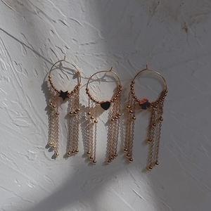 18K gold plated steel hoop earrings with heart star charms and long bead chain tassels