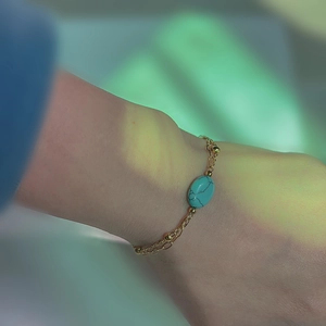 French vintage double-layered gold chain bracelet with green turquoise stone for women