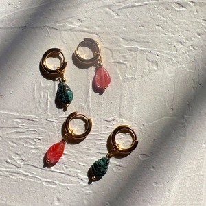 Boucles D'oreilles Créoles Pendentif Feuille En Pierre Naturelle Acier Inoxydable Plaqué Or 18K Style Français Simple