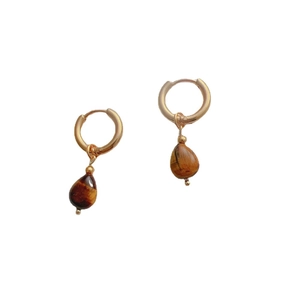 Vintage 18k gold-plated titanium steel hoop earrings with brown tiger eye stone teardrops