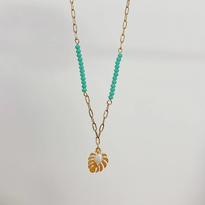 Monstera Leaf Pendant Necklace Stainless Steel With Faux Artificial Pearl And Green Beads Tropical Bohemian Jewelry For Women