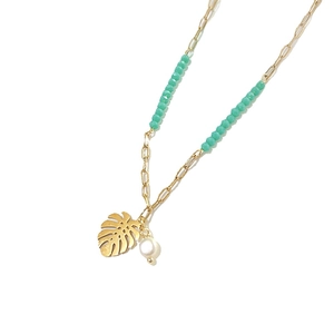 18K gold leaf pendant necklace with white pearl and green beads on a delicate chain