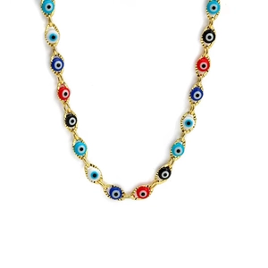 Colorful Turkish Evil Eye necklace set in gold-plated stainless steel with vibrant beads