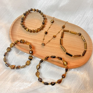 Natural Tiger Eye Stone Beaded Bracelet Vintage Alloy Metal Accents Jewelry Women Gift