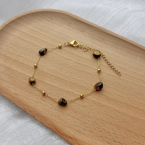 Gold stainless steel bohemian bracelet with natural tiger eye stones and round beads