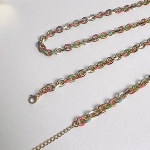 Colorful enamel link necklace and bracelet set with gold plating and lobster clasp