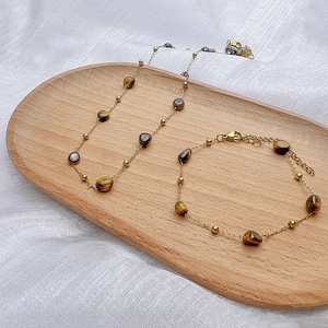 Bohemian Stainless Steel Tiger Eye Stone Necklace Bracelet And Anklet Gold Plated Vintage Jewelry For Women