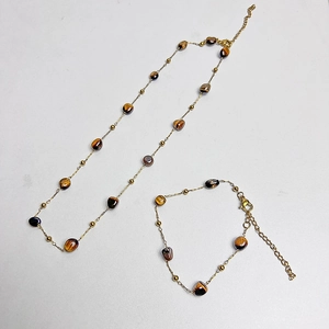 Bohemian gold stainless steel necklace and tiger eye stone bracelet set for women
