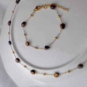 Bohemian gold plated stainless steel jewelry set with brown tiger eye stone beads
