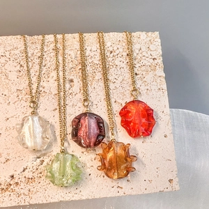 Bohemian Irregular Pleated Glass Pendant Necklace Stainless Steel Chain Vintage Artistic Jewelry For Women Accessories