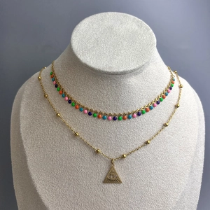 Double-layered 18K gold plated stainless steel necklace with evil eye and rainbow beads