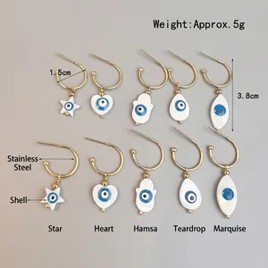 Gold plated stainless steel hoop earrings with shell inlaid evil eye charms in five shapes