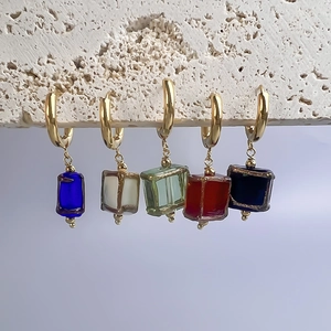 Boucles D'oreilles En Acier Inoxydable Or 18K Vintage Pendentif Carré En Verre Géométrique Huggie Hoops Pour Femmes