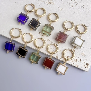 Boucles d'oreilles vintage en acier inoxydable doré 18K avec pendentifs carrés en verre