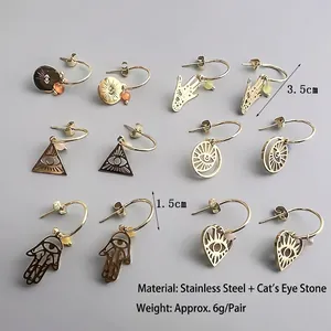 Lot de 6 paires de boucles d'oreilles en acier doré avec œil et pierre œil de chat