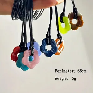 Colorful resin flower pendant necklace with adjustable black wax cord, 65cm circumference