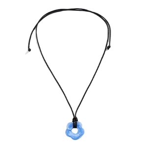 Blue petal flower pendant necklace with black wax rope cord on white background