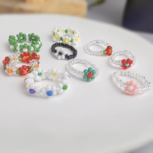 Handmade Beaded Flower Ring Colorful Resin Acrylic Beads Elastic Sweet Dopamine Style Jewelry For Women Girls