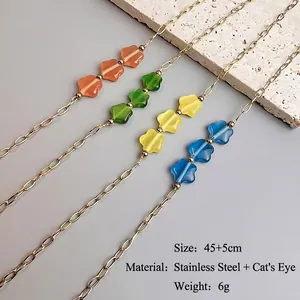 Collier trèfle en acier inoxydable doré 18K avec pierres d'oeil de chat colorées