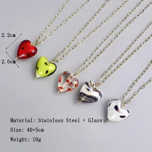 Multi-color heart glass pendant necklaces with stainless steel chain in 5 patterns