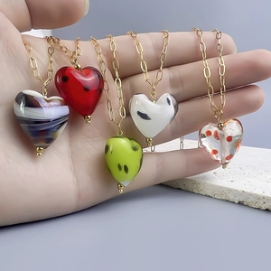 Heart Pendant Necklace Stainless Steel Lampwork Glass Polka Dot Fashion Jewelry For Women Versatile Hand Painted