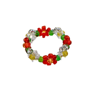 Handmade elastic beaded floral ring featuring colorful red flower and glass beads
