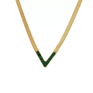 Gold stainless steel flat snake chain necklace with a green malachite inlay V pendant